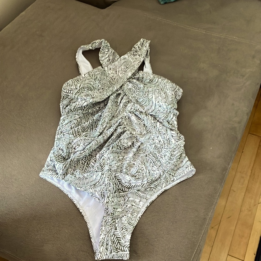 Swimsuit crisscross front square cut back mahogany floral paisley print
